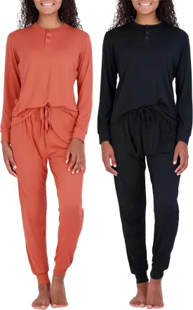 Real Essentials 2 Pack: Women's Soft Long Sleeve Sleep Set - Comfortable Lounge Pull Over Hoodie and Henley Jogger