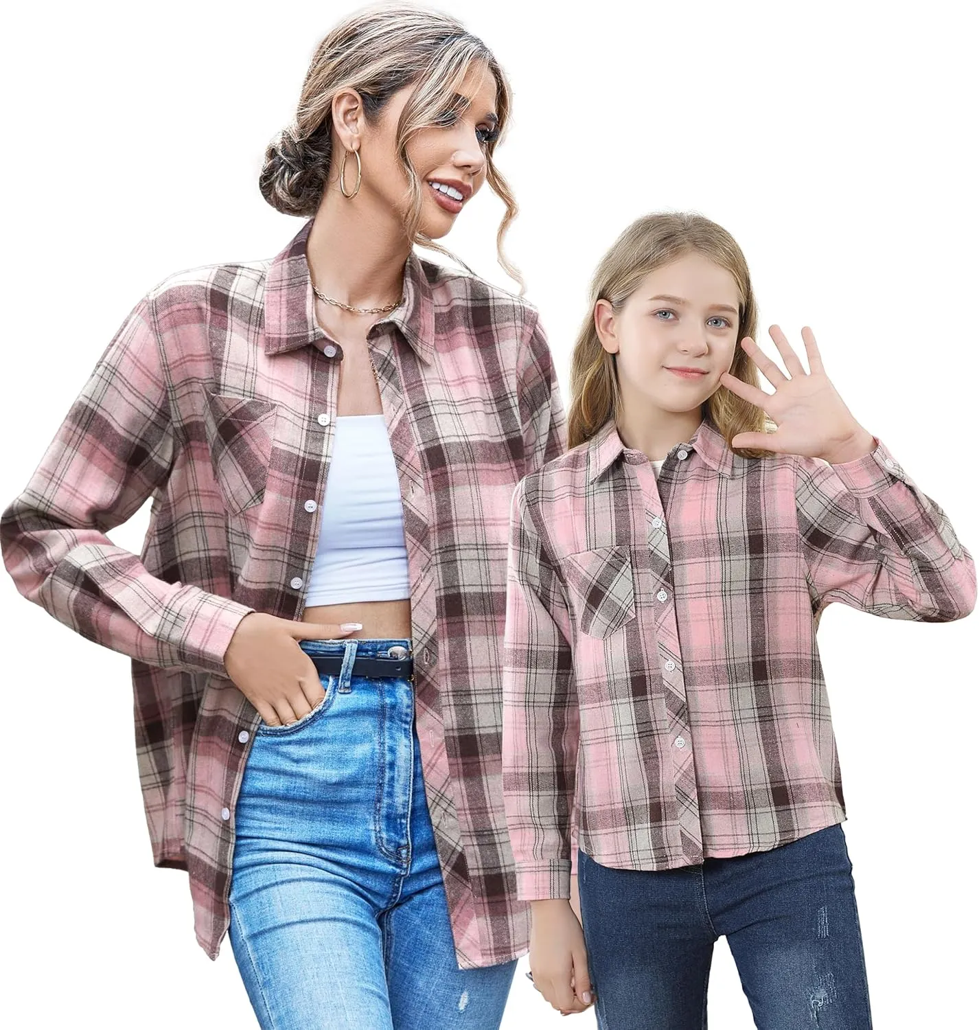 SANGTREE Womens and Girls Long Sleeve Flannel Shirt Casual Button Down Plaid Shirts, 3 Months - Adult 2XL