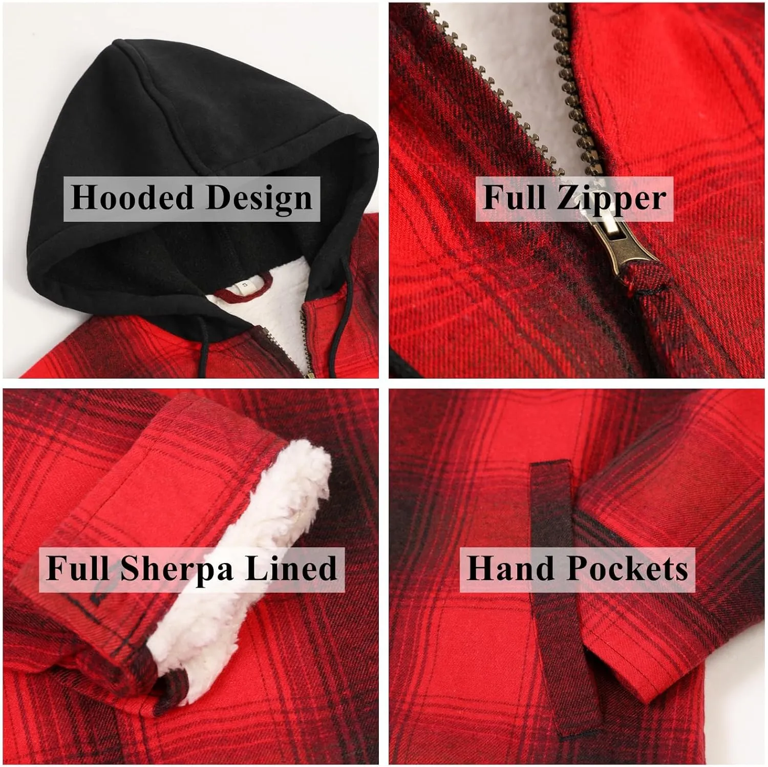 ThCreasa Womens Full Sherpa Lined Plaid Flannel Hooded Jacket with Hand Pockets, Zip Up Fuzzy Hoodie Flannel Shacket