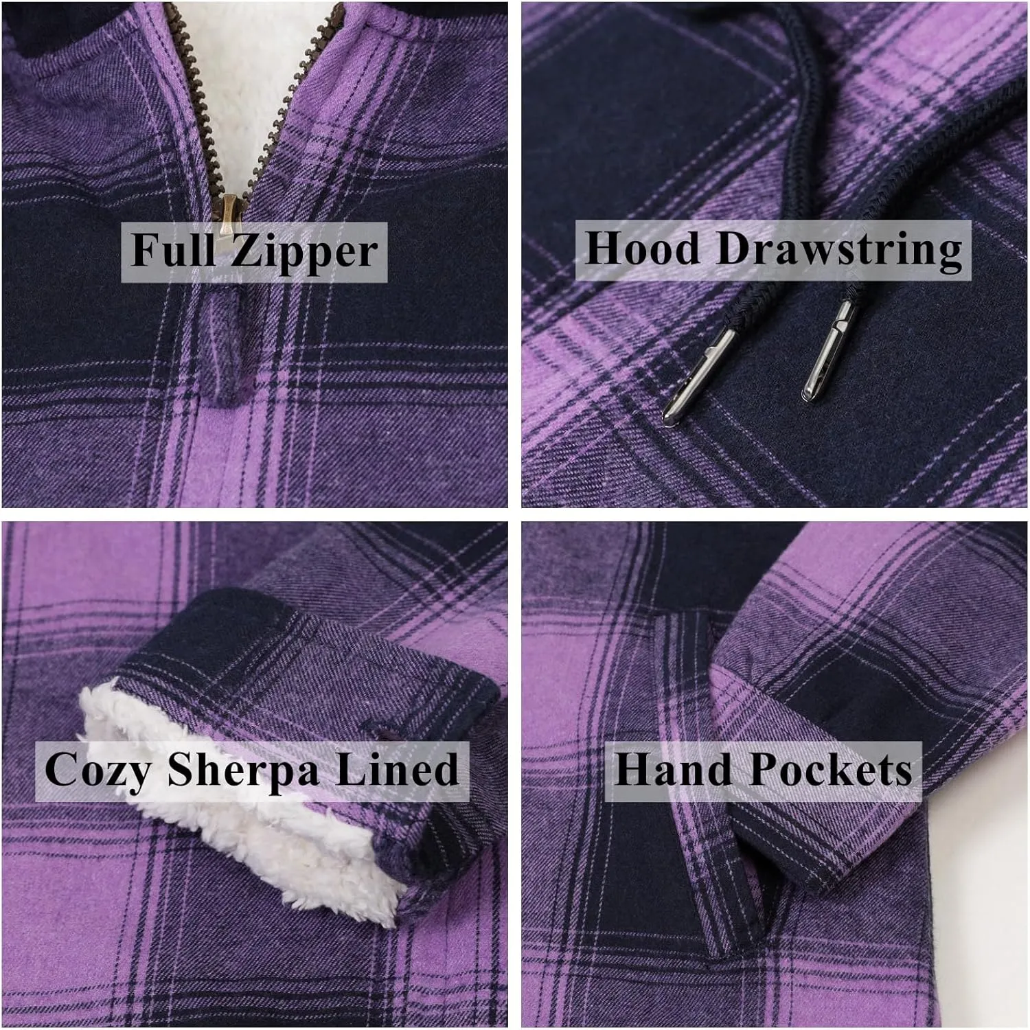 ThCreasa Womens Full Sherpa Lined Plaid Flannel Hooded Jacket with Hand Pockets, Zip Up Fuzzy Hoodie Flannel Shacket