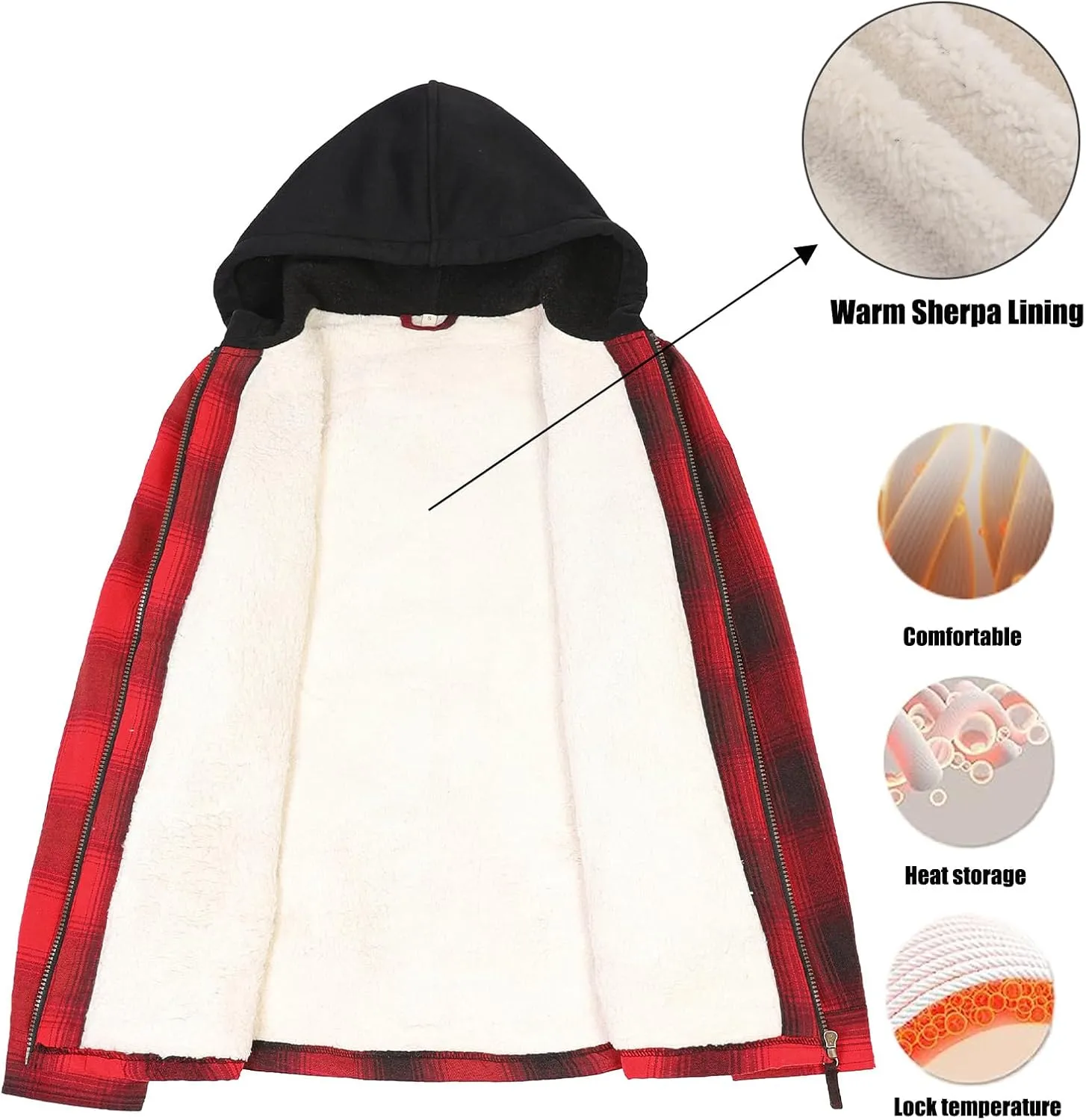 ThCreasa Womens Full Sherpa Lined Plaid Flannel Hooded Jacket with Hand Pockets, Zip Up Fuzzy Hoodie Flannel Shacket
