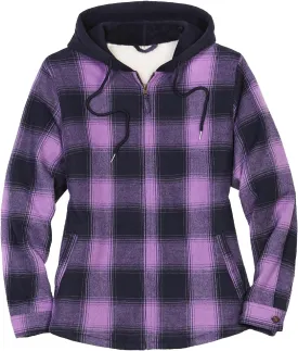 ThCreasa Womens Full Sherpa Lined Plaid Flannel Hooded Jacket with Hand Pockets, Zip Up Fuzzy Hoodie Flannel Shacket