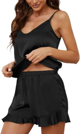 U2SKIIN Womens Cami Satin Pajama Set, Ruffle Shorts Silk Pajamas for Women Lingerie Pjs Set 2 Piece Sleepwear