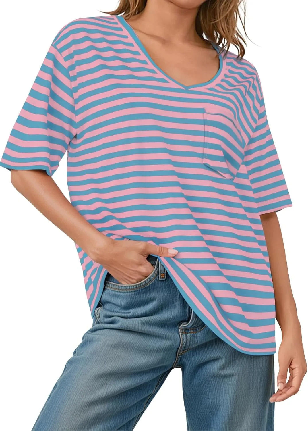 UEU Women Oversized Striped T Shirts Summer V Neck Short Sleeve Cotton Casual Loose Tops Tee Tshirts Trendy Fashion Clothes