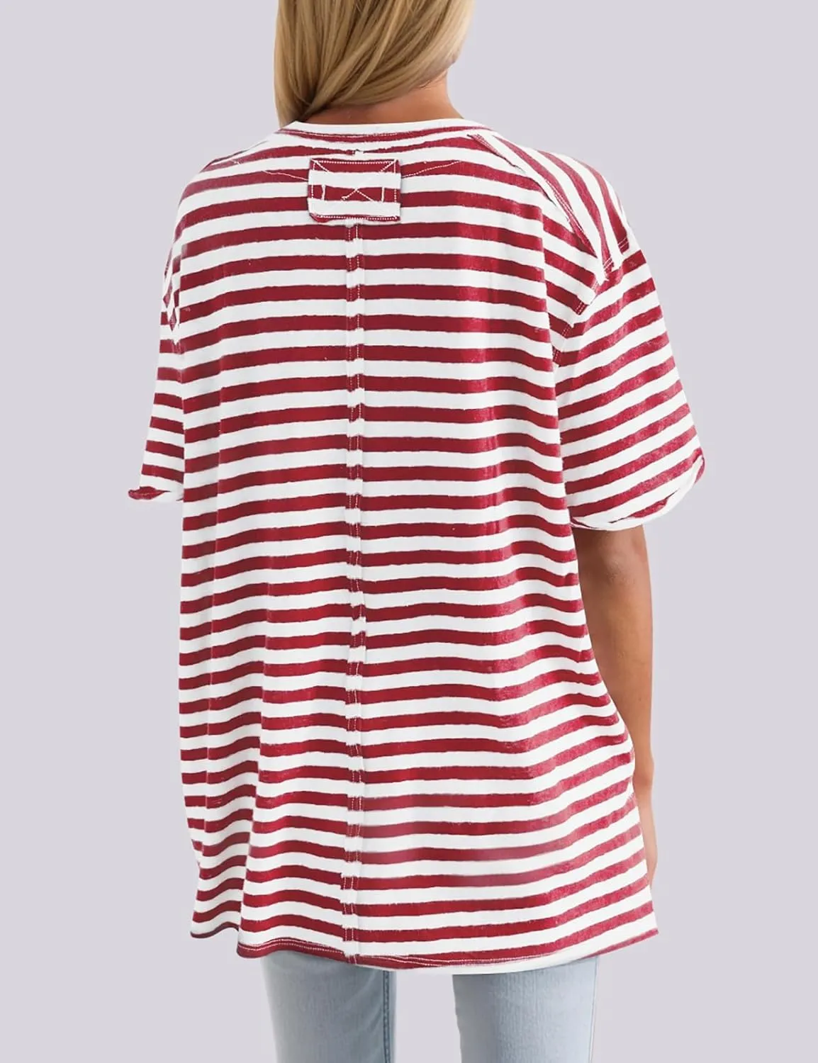 UEU Women Oversized Striped T Shirts Summer V Neck Short Sleeve Cotton Casual Loose Tops Tee Tshirts Trendy Fashion Clothes