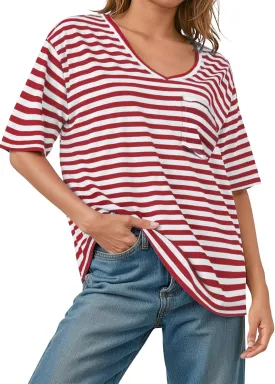 UEU Women Oversized Striped T Shirts Summer V Neck Short Sleeve Cotton Casual Loose Tops Tee Tshirts Trendy Fashion Clothes