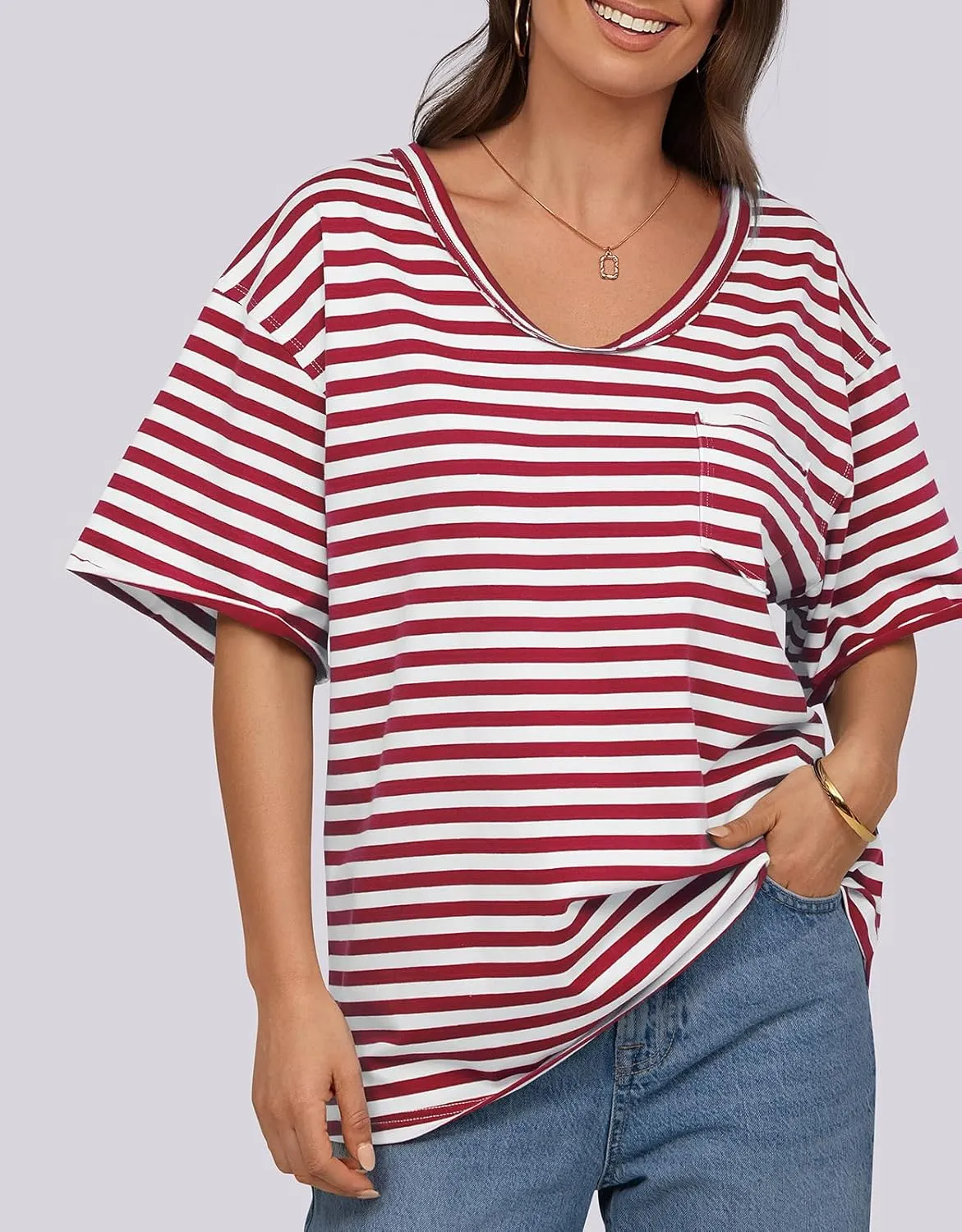 UEU Women Oversized Striped T Shirts Summer V Neck Short Sleeve Cotton Casual Loose Tops Tee Tshirts Trendy Fashion Clothes