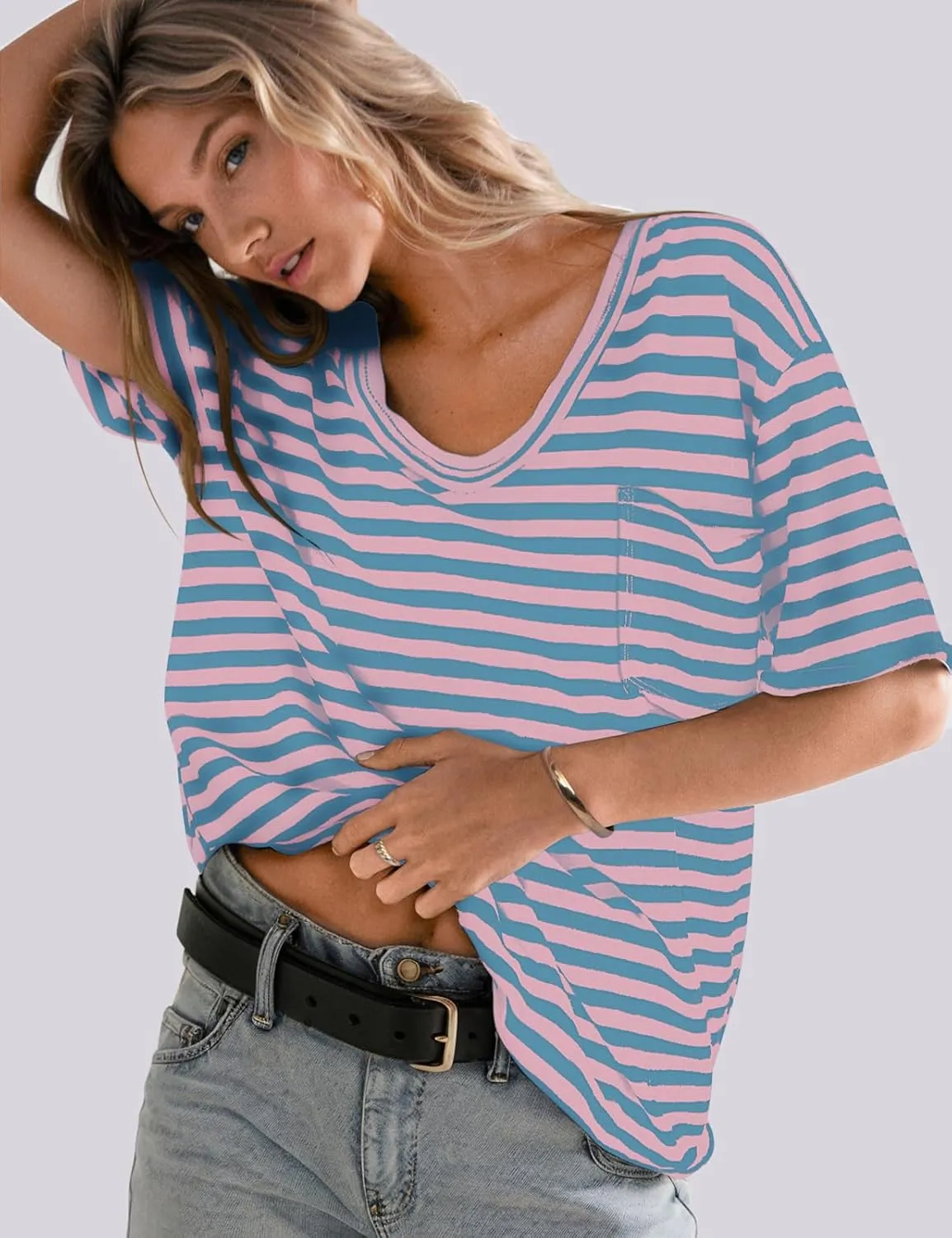 UEU Women Oversized Striped T Shirts Summer V Neck Short Sleeve Cotton Casual Loose Tops Tee Tshirts Trendy Fashion Clothes
