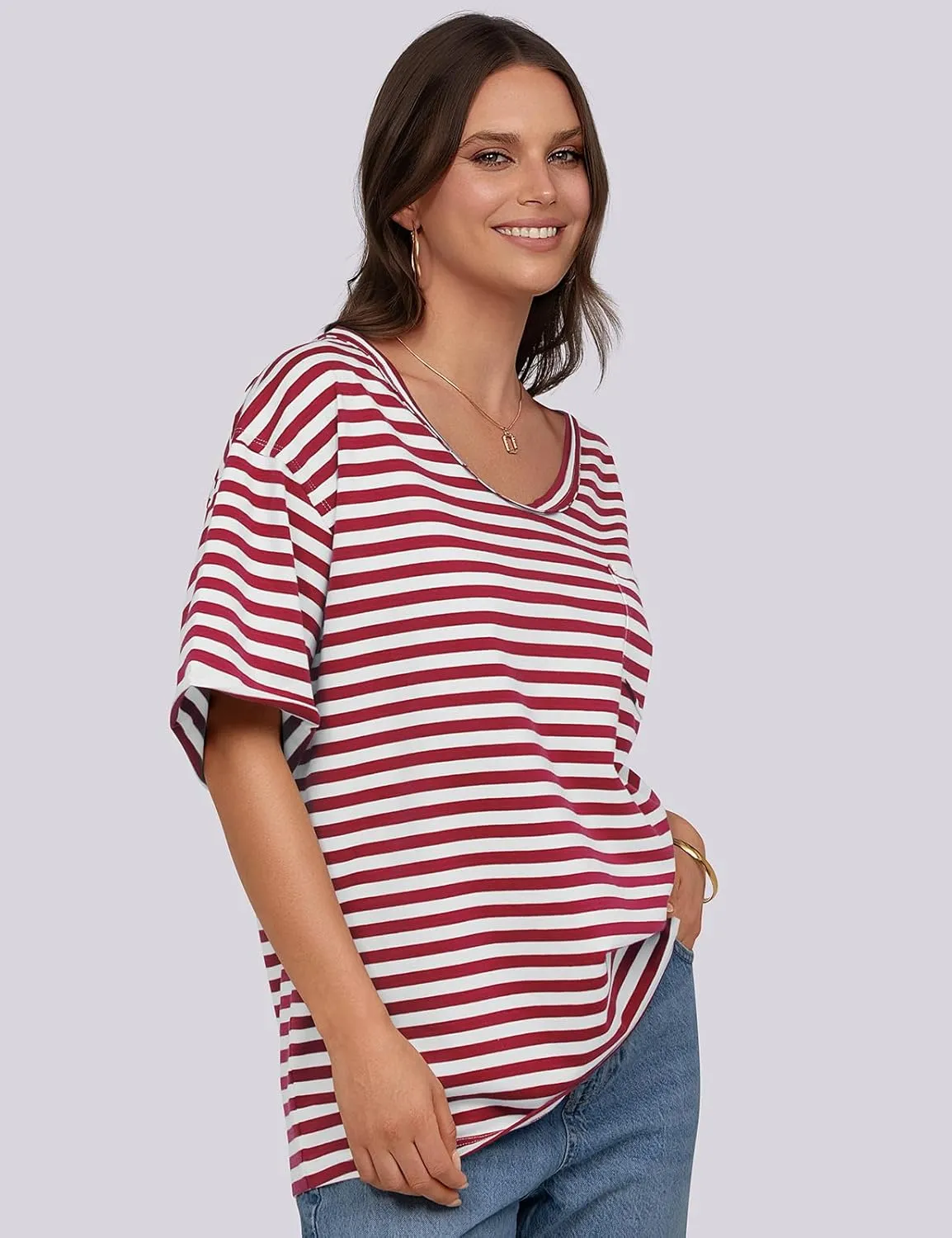 UEU Women Oversized Striped T Shirts Summer V Neck Short Sleeve Cotton Casual Loose Tops Tee Tshirts Trendy Fashion Clothes