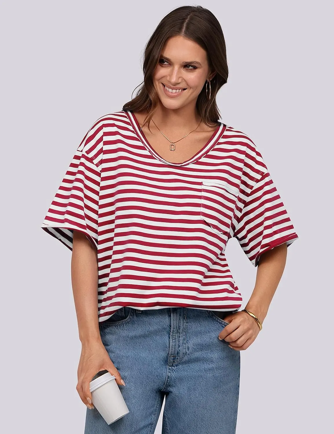 UEU Women Oversized Striped T Shirts Summer V Neck Short Sleeve Cotton Casual Loose Tops Tee Tshirts Trendy Fashion Clothes
