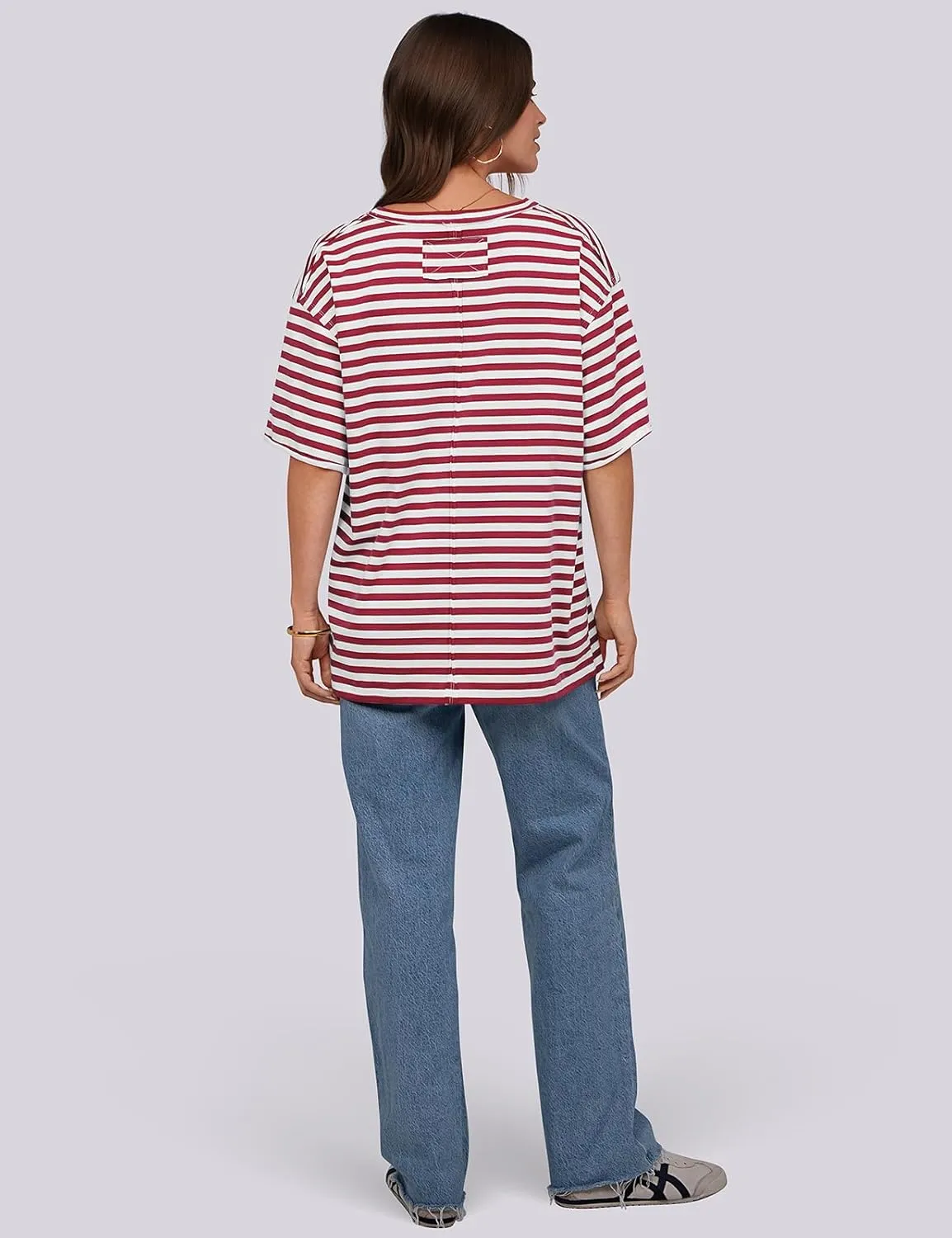 UEU Women Oversized Striped T Shirts Summer V Neck Short Sleeve Cotton Casual Loose Tops Tee Tshirts Trendy Fashion Clothes