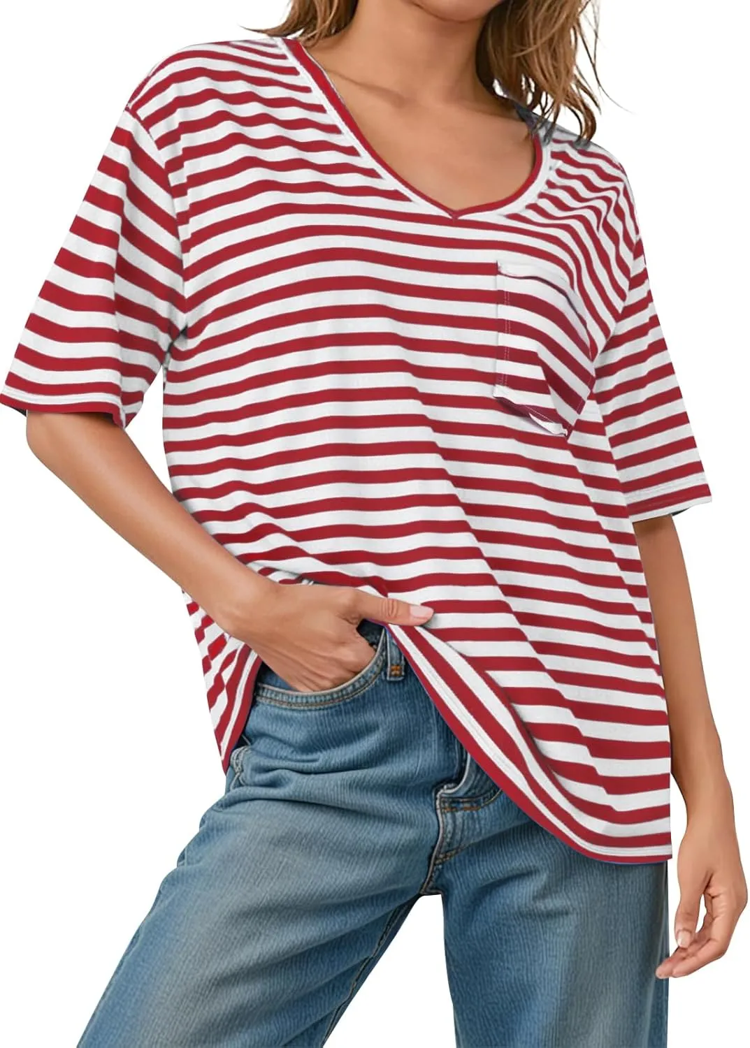 UEU Women Oversized Striped T Shirts Summer V Neck Short Sleeve Cotton Casual Loose Tops Tee Tshirts Trendy Fashion Clothes