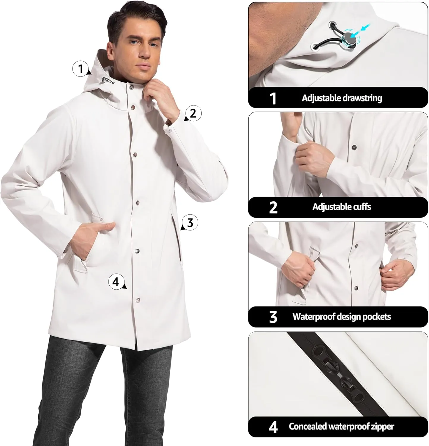 UNIQUEBELLA Men's Rain Jacket with Hooded Waterproof Active Long Raincoat Classic Rain Coats Windbreaker for Hiking Camping