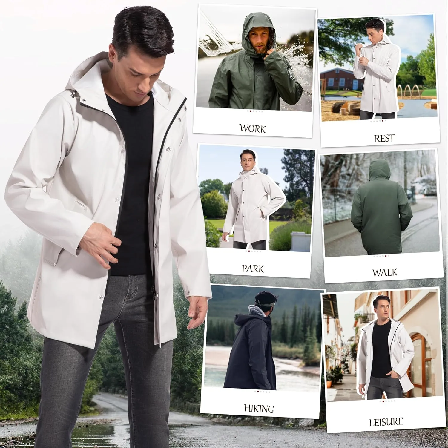 UNIQUEBELLA Men's Rain Jacket with Hooded Waterproof Active Long Raincoat Classic Rain Coats Windbreaker for Hiking Camping