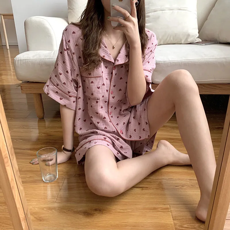 VenusFox Women's Pajamas Cotton Summer Suits with Shorts Pour Femme Home Clothes Nightwear Sleepwear Nightgown Lounge Wear