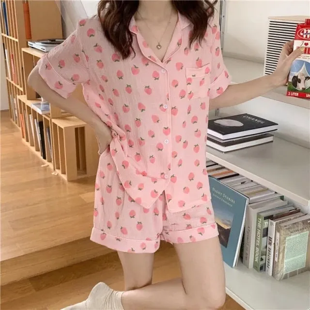VenusFox Women's Pajamas Cotton Summer Suits with Shorts Pour Femme Home Clothes Nightwear Sleepwear Nightgown Lounge Wear