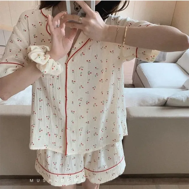 VenusFox Women's Pajamas Cotton Summer Suits with Shorts Pour Femme Home Clothes Nightwear Sleepwear Nightgown Lounge Wear