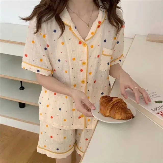 VenusFox Women's Pajamas Cotton Summer Suits with Shorts Pour Femme Home Clothes Nightwear Sleepwear Nightgown Lounge Wear