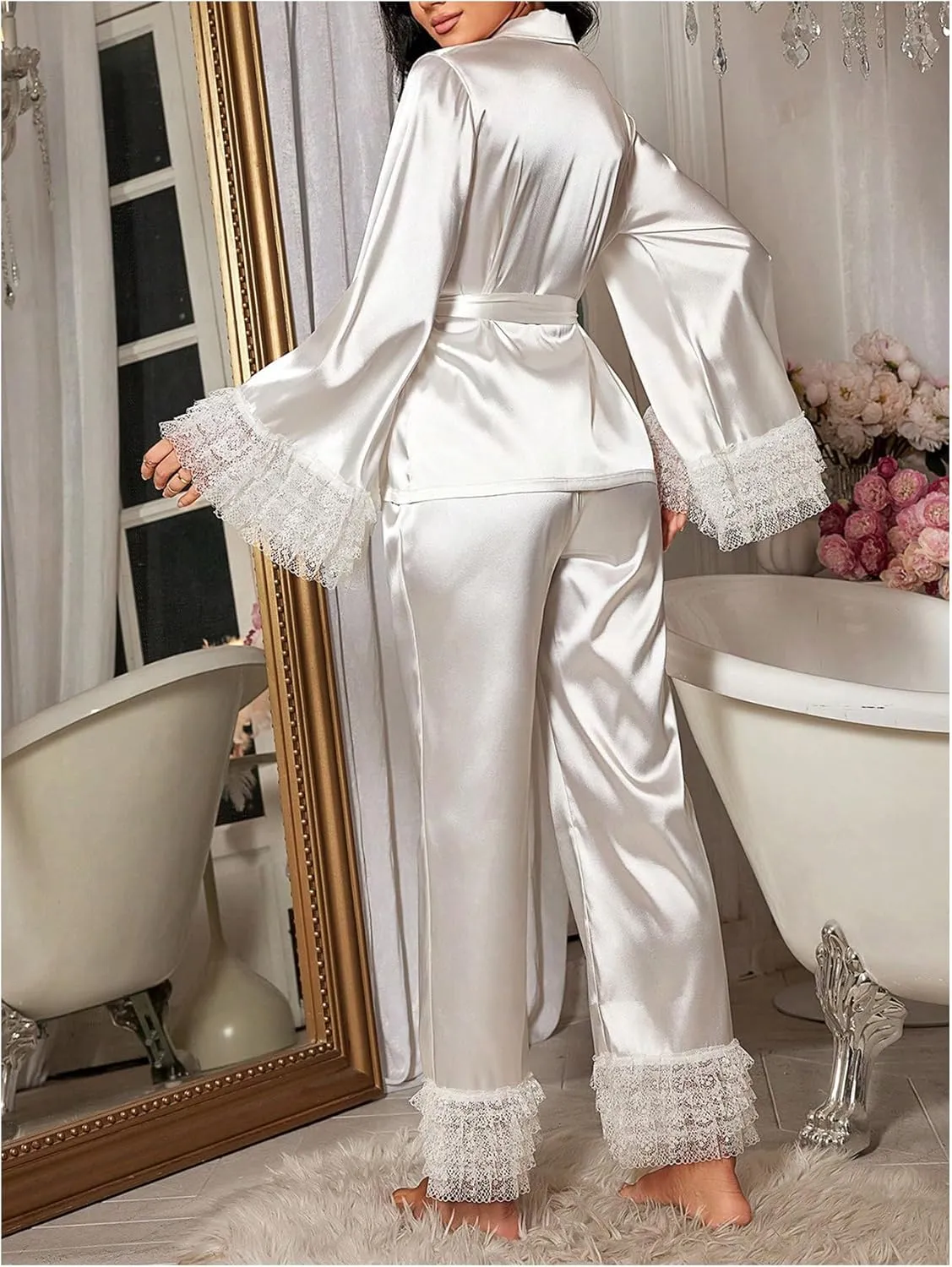 Verdusa Women's 2 Piece Lace Satin Pajama Set Ruffle Long Sleeve Belted Top and Pants