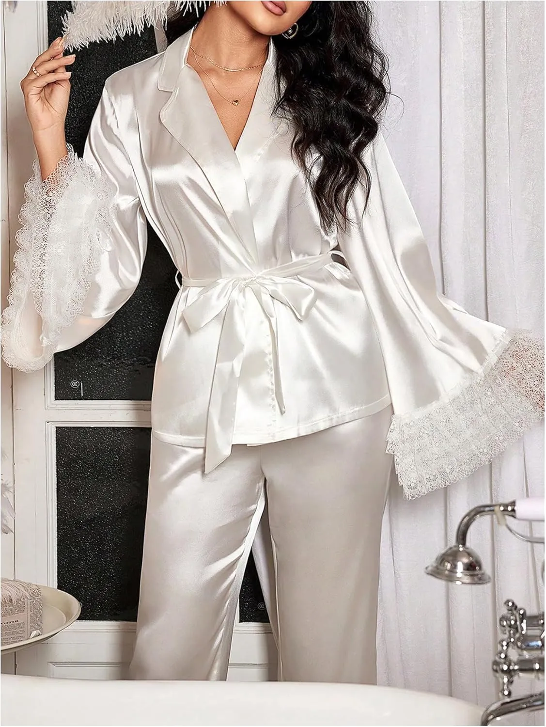 Verdusa Women's 2 Piece Lace Satin Pajama Set Ruffle Long Sleeve Belted Top and Pants