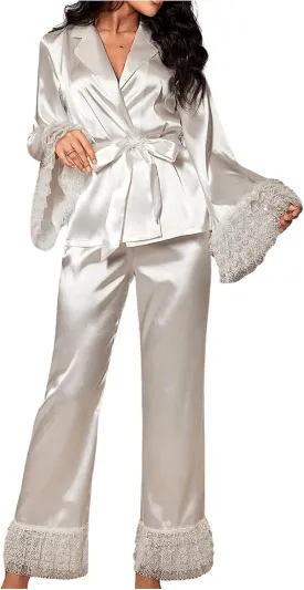Verdusa Women's 2 Piece Lace Satin Pajama Set Ruffle Long Sleeve Belted Top and Pants
