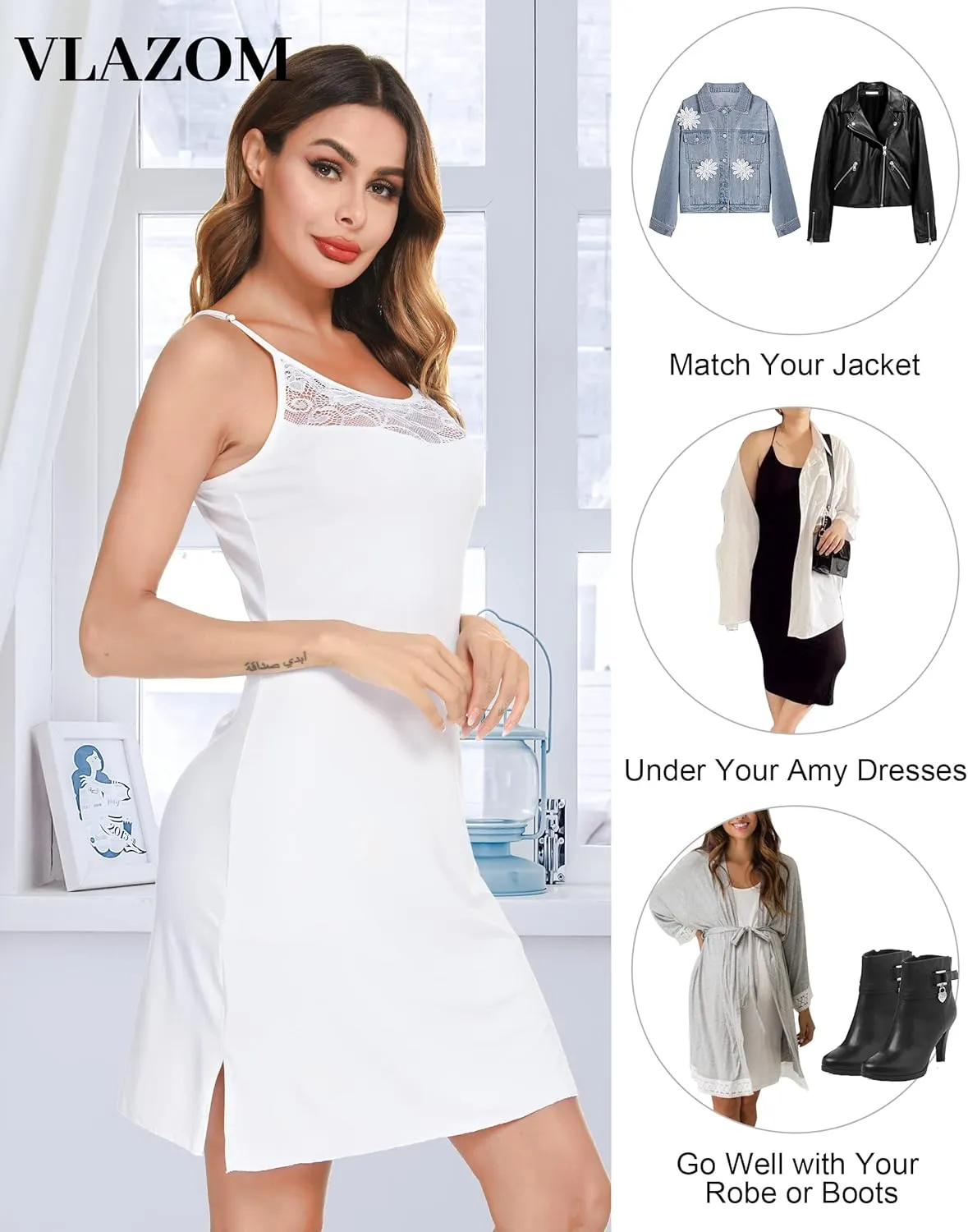 Vlazom Women Full Slips Sexy Soft Slip Dress for Under Dress Spaghetti Strap Cami Slip Chemises V Neck Negligee S-XXL