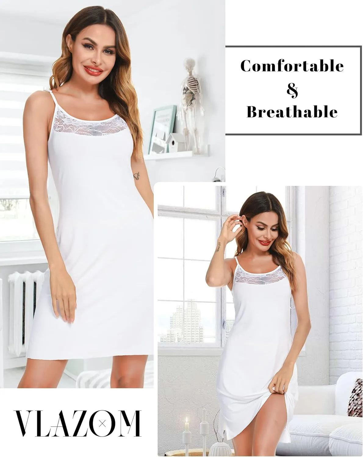 Vlazom Women Full Slips Sexy Soft Slip Dress for Under Dress Spaghetti Strap Cami Slip Chemises V Neck Negligee S-XXL