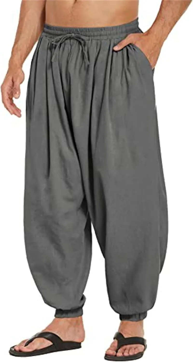 Wankang Men's Cotton Linen Harem Pants Drawstring Casual Bagge Trousers Lightweight Loose Beach Yoga Pants for Men