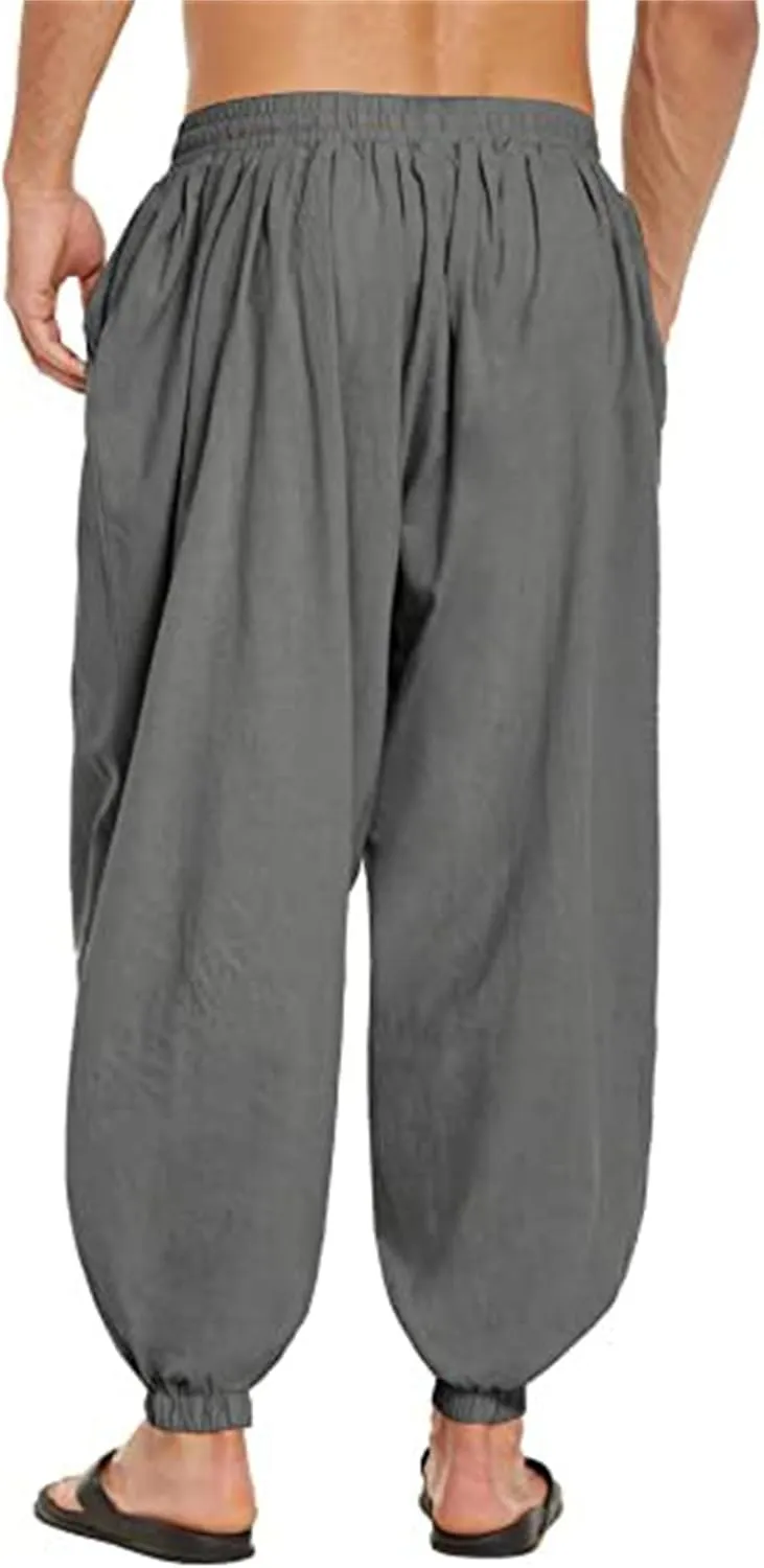 Wankang Men's Cotton Linen Harem Pants Drawstring Casual Bagge Trousers Lightweight Loose Beach Yoga Pants for Men