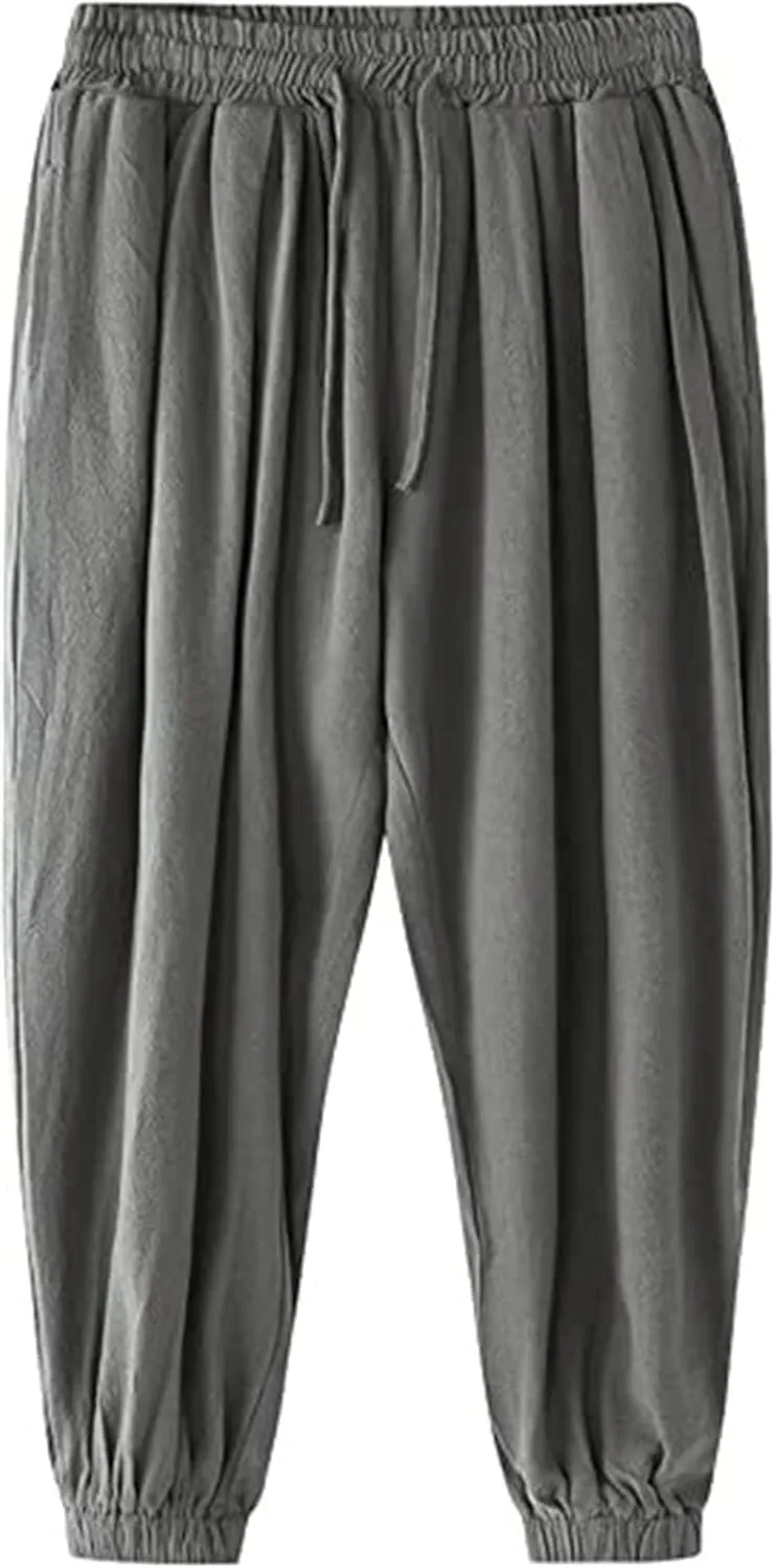 Wankang Men's Cotton Linen Harem Pants Drawstring Casual Bagge Trousers Lightweight Loose Beach Yoga Pants for Men