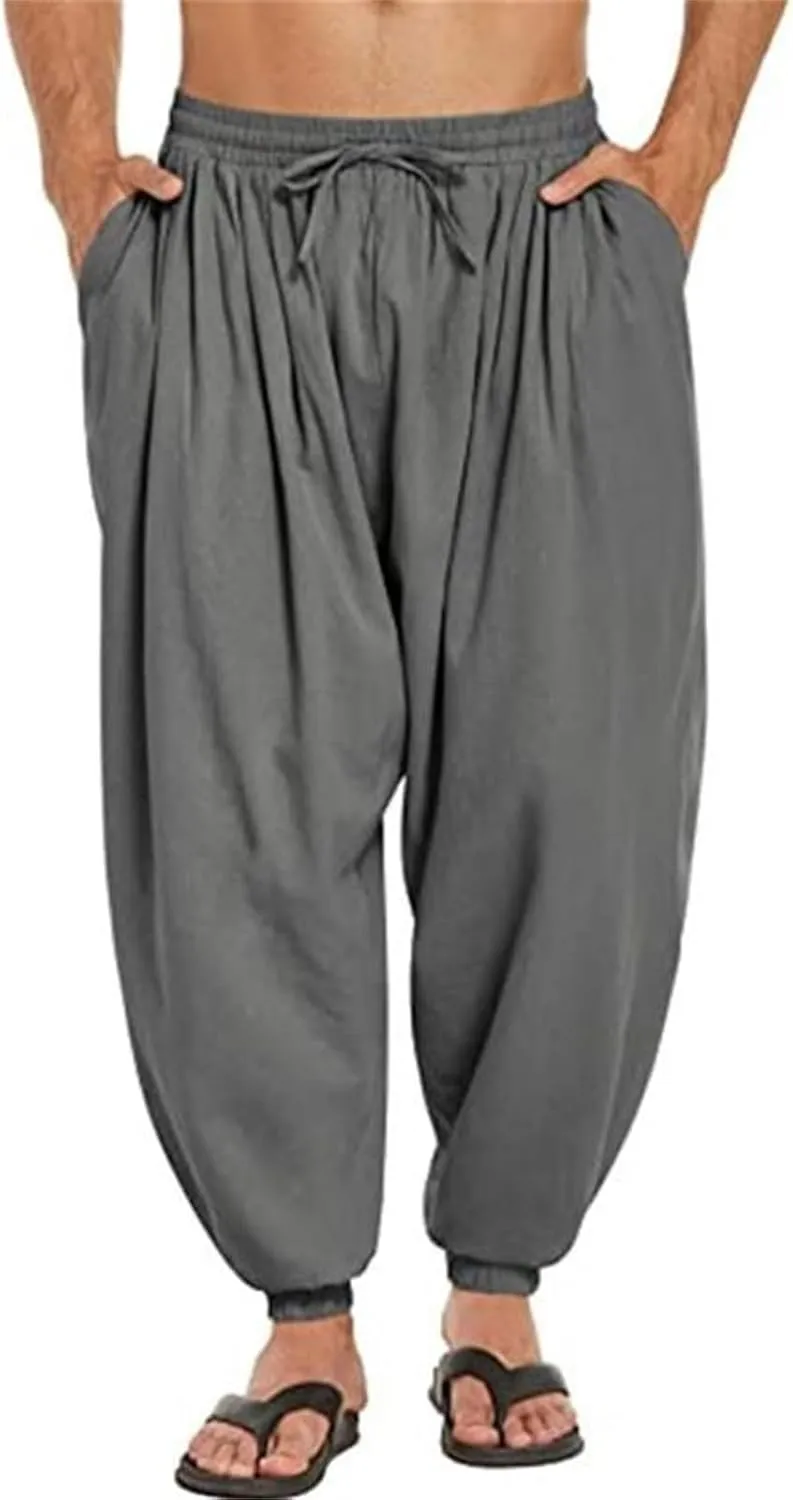 Wankang Men's Cotton Linen Harem Pants Drawstring Casual Bagge Trousers Lightweight Loose Beach Yoga Pants for Men