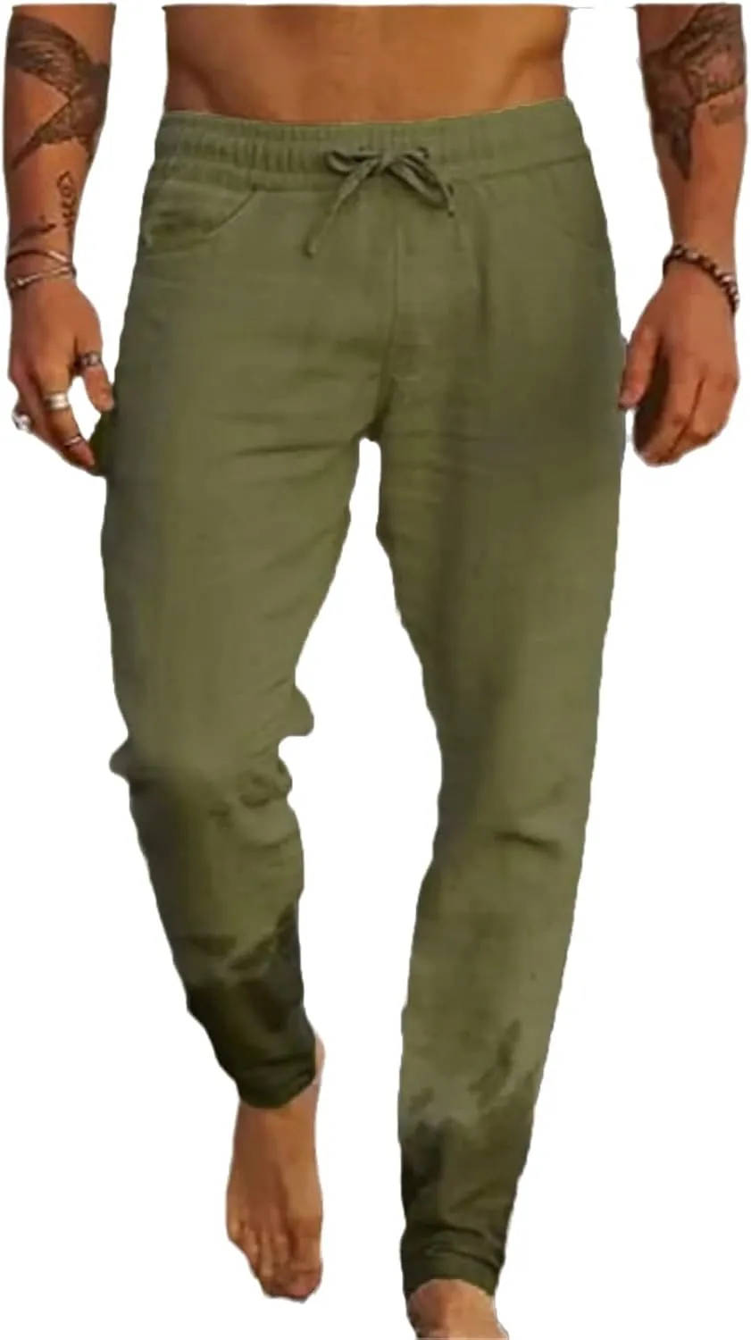 Wankang Men's Linen Pants Casual Loose Fit Comfort Long Lounge Pant Summer Lightweight Drawstring Yoga Beach Trousers for Men
