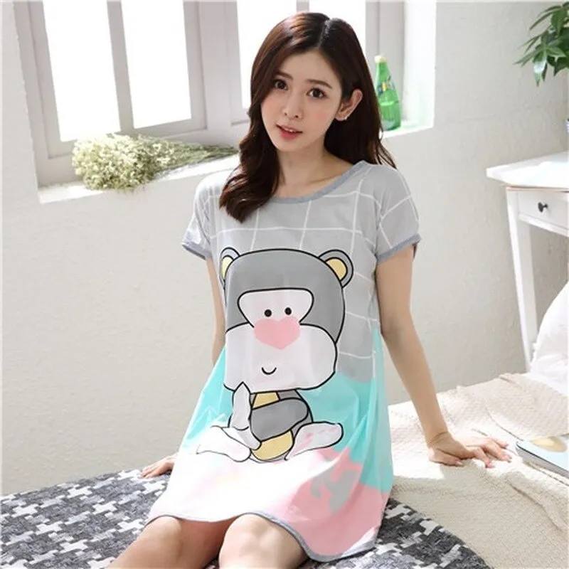Wenkouban Summer Cartoon Nightdress Ladies Milk Silk Double-Sided Printing Cute Nightdress Women's Nightgown Sleepwear Night Wear