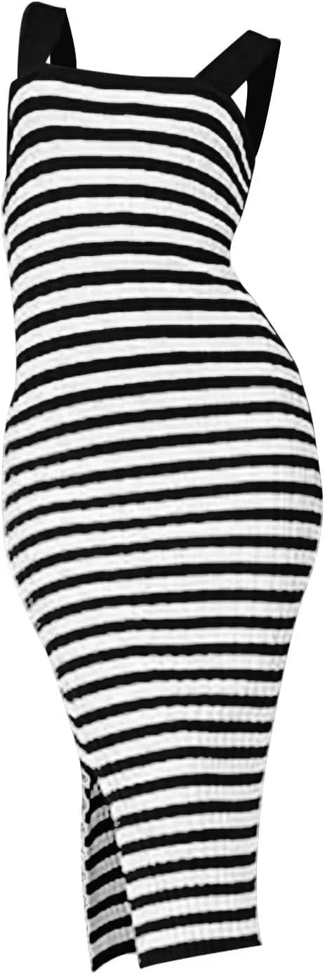 Women's 2025 Summer Spring Bodycon Midi Dress Vacation Sleeveless Ribbed Knit Striped Party Sweater Dresses