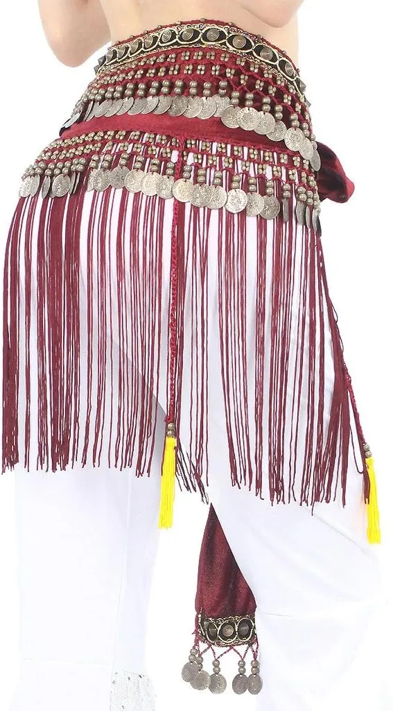Women's Belly Dance Tribal Hip Scarf with Fringe Coins Flannel