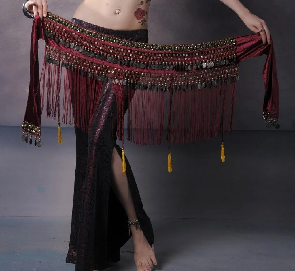 Women's Belly Dance Tribal Hip Scarf with Fringe Coins Flannel