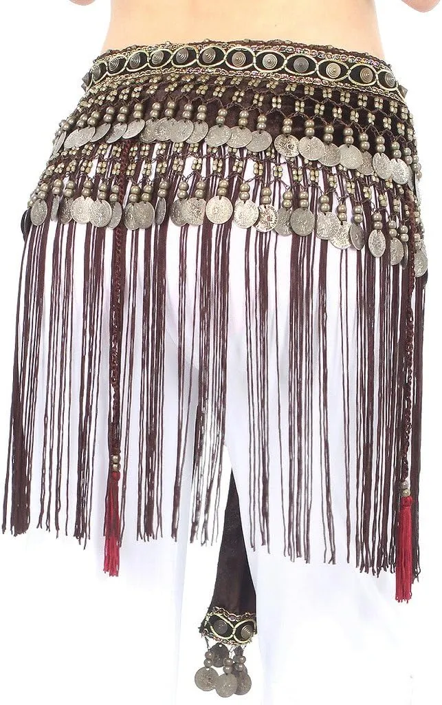 Women's Belly Dance Tribal Hip Scarf with Fringe Coins Flannel