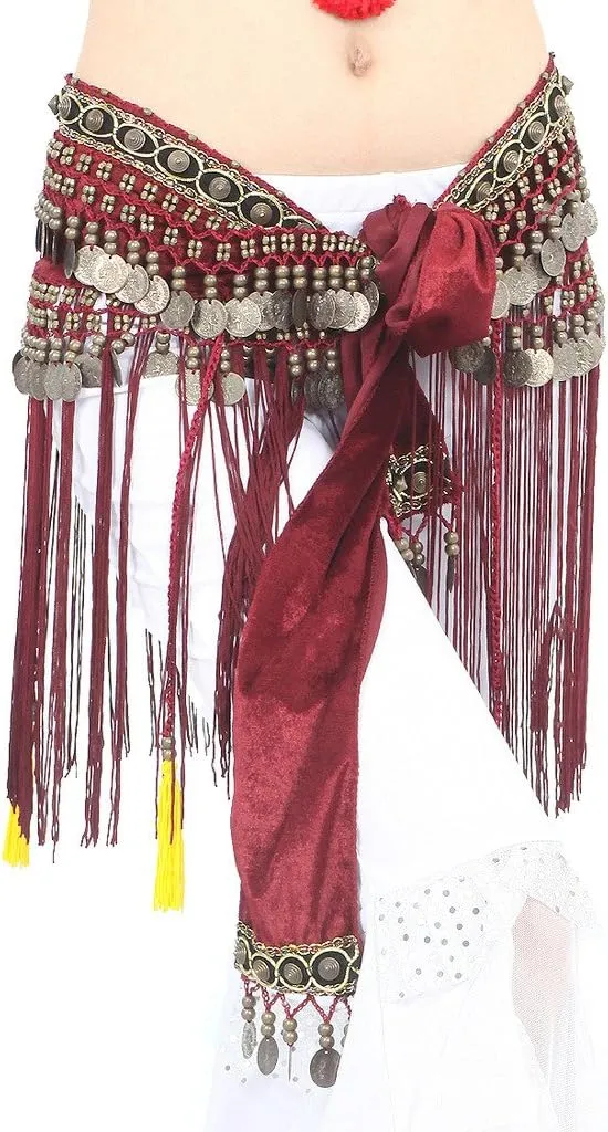 Women's Belly Dance Tribal Hip Scarf with Fringe Coins Flannel