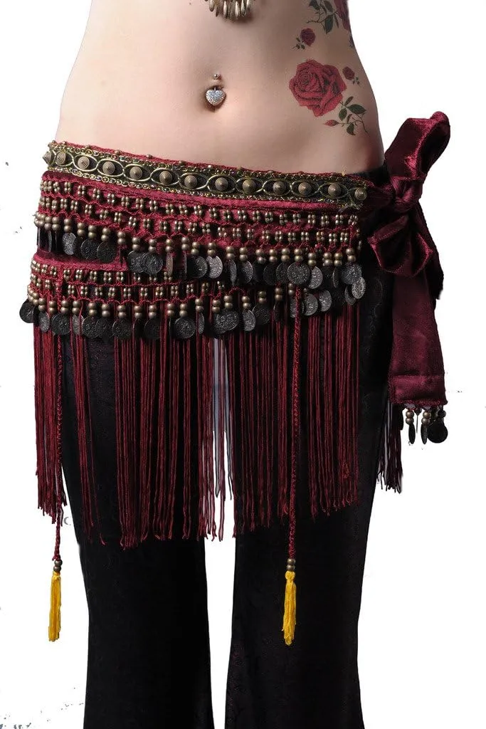 Women's Belly Dance Tribal Hip Scarf with Fringe Coins Flannel