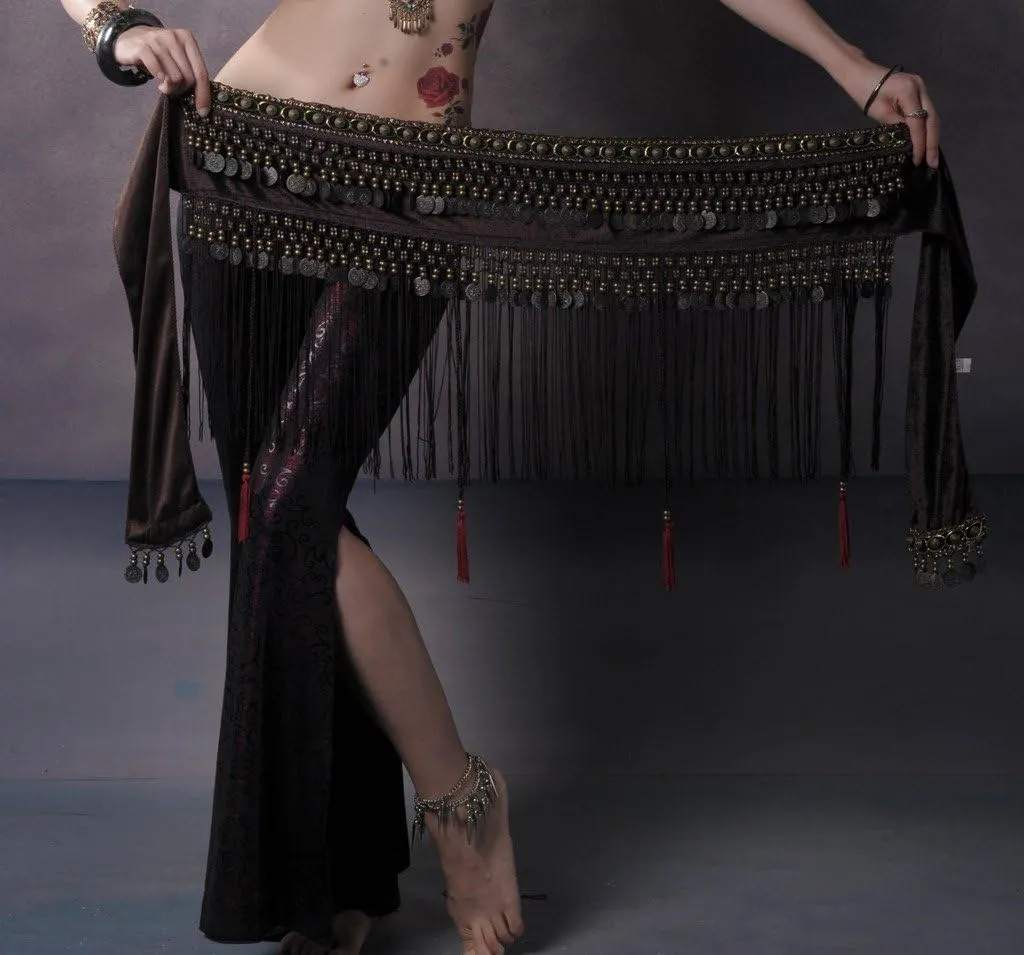 Women's Belly Dance Tribal Hip Scarf with Fringe Coins Flannel
