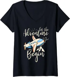 Womens Let The Adventure Begin Airplane Adventure Travel Mode V-Neck T-Shirt