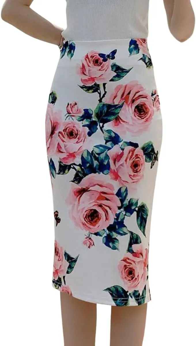 Womens Print Midi Pencil Skirt High Waisted Stretch Office Straight Spit Skirt