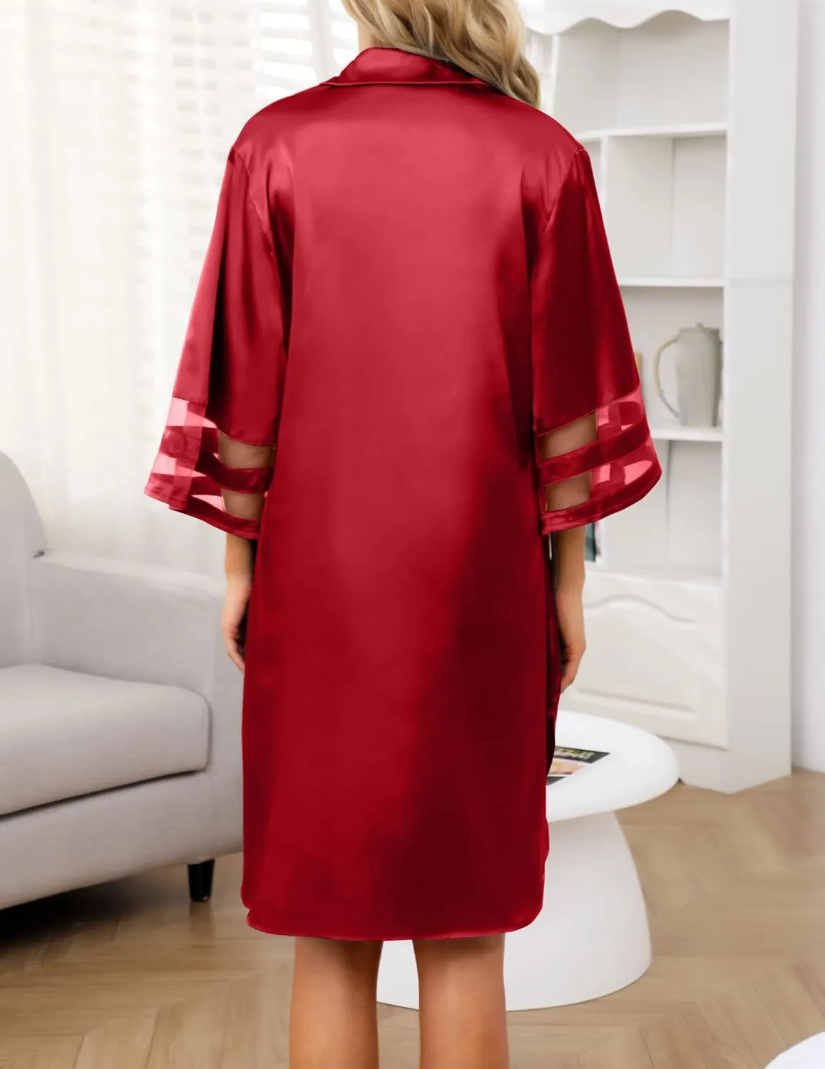 Women's Satin Nightgown Button Down 3/4 Sleeve Sleepwear Silk Night Gowns Nightshirt with Pocket