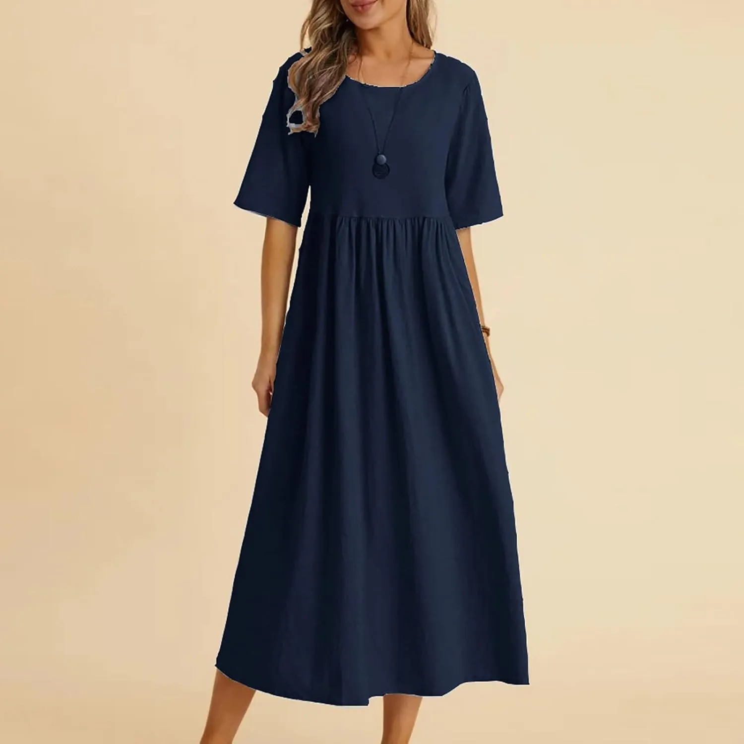 Womens Summer Loose Fit Cotton Linen Midi Dress Casual Crew Neck Half Sleeve Solid Color Flowy Swing Dresses
