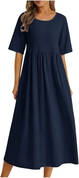 Womens Summer Loose Fit Cotton Linen Midi Dress Casual Crew Neck Half Sleeve Solid Color Flowy Swing Dresses