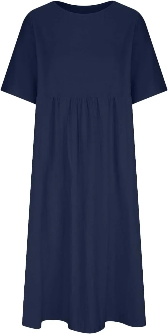 Womens Summer Loose Fit Cotton Linen Midi Dress Casual Crew Neck Half Sleeve Solid Color Flowy Swing Dresses