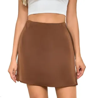 Women's Summer Satin High Elastic Waist Ruffle Wedding Party Silk Slip Mini A-Line Evening Skirt