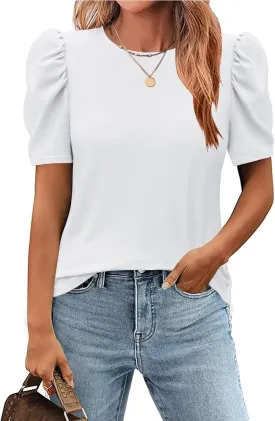 Zeagoo Blouse for Women Dressy Casual Puff Short Sleeve Boho Tops Fashion Floral Crew Neck Tunic Shirts Summer Clothes
