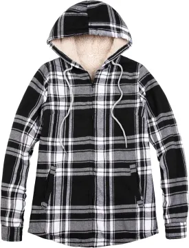 ZENTHACE Womens Sherpa Lined Flannel Jacket Full Zip Up Hooded Flannel Plaid Shirt Jacket with Side Pockets