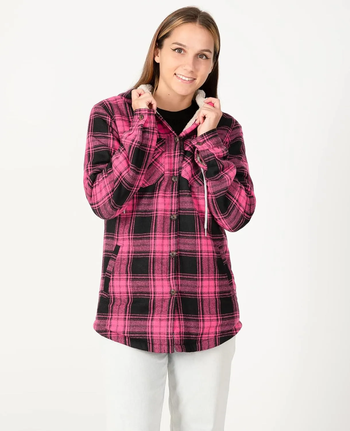 ZENTHACE Women's Sherpa Lined Plaid Flannel Jacket Button Down Hooded Flannel Shirt Jacket Warm Shacket(All Sherpa Lining)